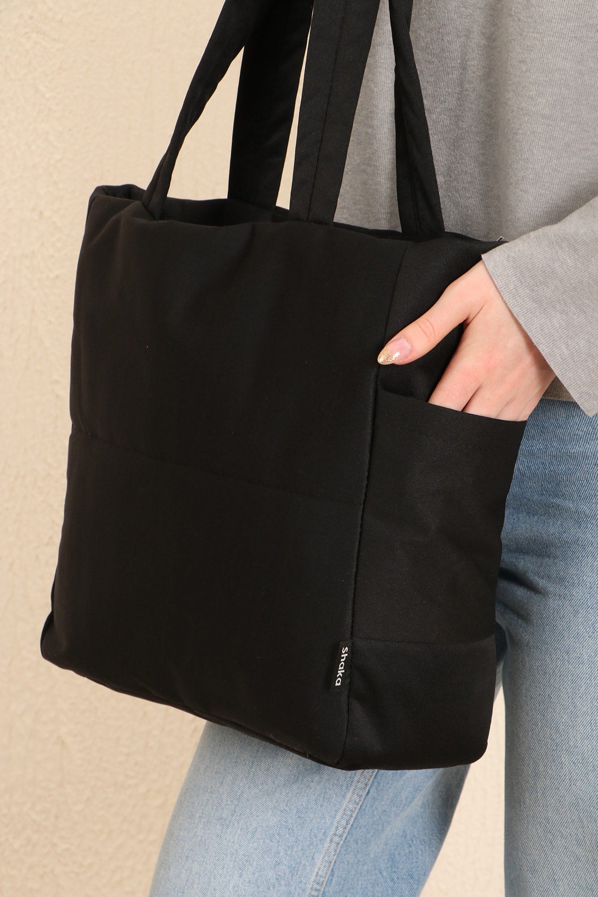 Black U25 3-Compartment Side 2 Pocket Detailed Zipper Closure Canvas Women's Arm And Shoulder Bag B:35 E:35 G