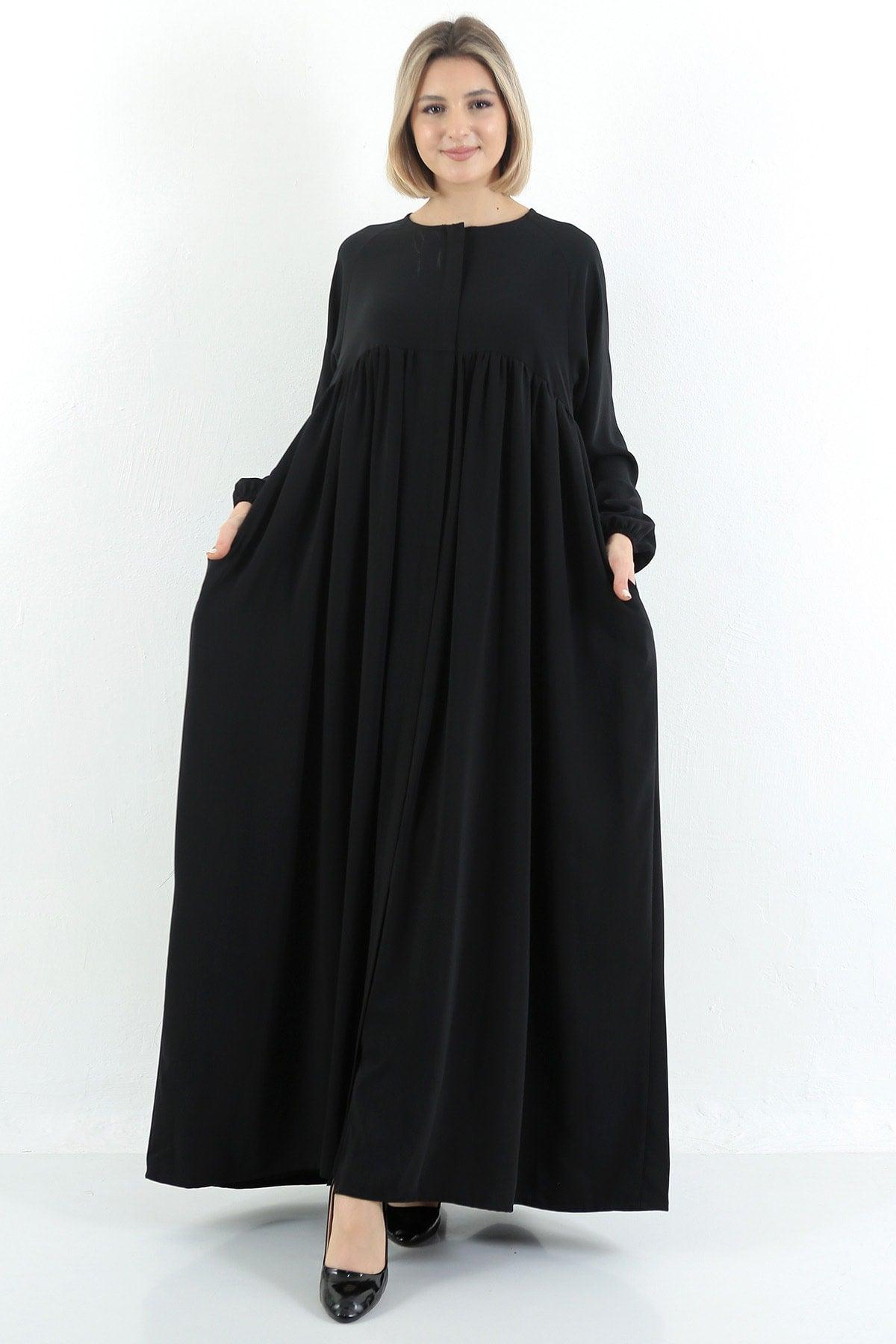 Black Oversized Zippered Pleated Robe Abaya Hijab - Swordslife