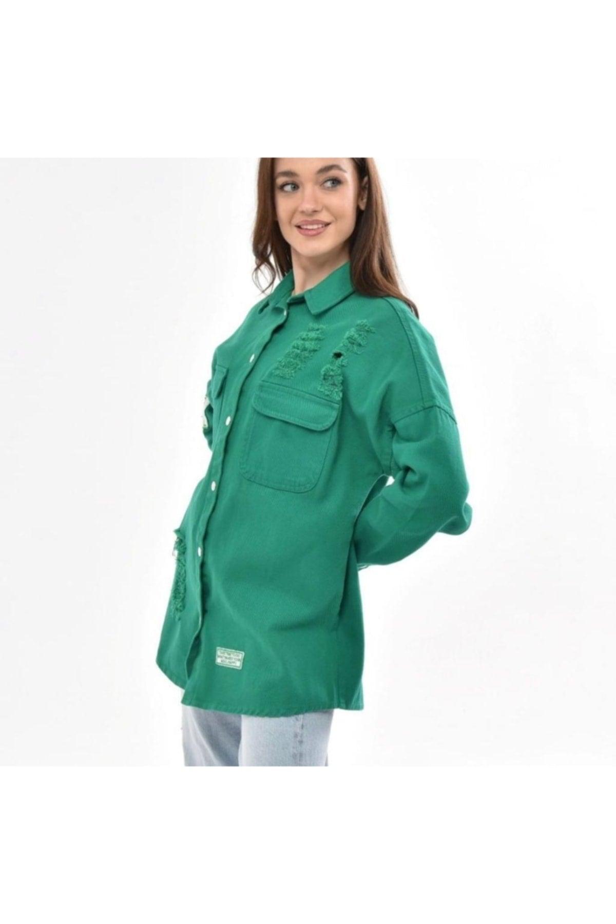 Women's Green Boyfriend Oversize Worn Denim Jeans Denim Jacket A36-011 - Swordslife