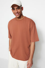 Brown Men's Basic Crew Neck Oversize Short Sleeve T-Shirt