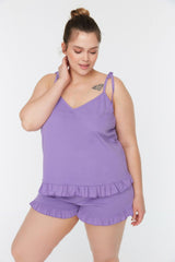 Lilac Strap Knitted Ruffle Detailed Pajamas Set TBBSS22PT0564 - Swordslife