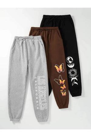 3er-Pack Jogginghosen mit Logo-Aufdruck – Schwarz, Grau und Braun, elastisches Bein, hohe Taille, Sommer