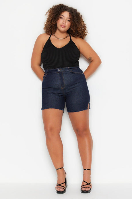 Dark Blue High Waist Stretchy Skinny Plus Size Shorts & Bermuda TBBSS23AP00009 - Swordslife