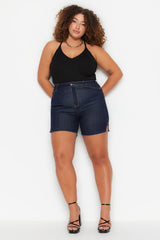 Dark Blue High Waist Stretchy Skinny Plus Size Shorts & Bermuda TBBSS23AP00009 - Swordslife