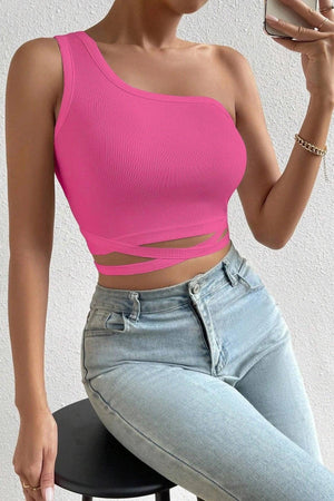 Women's Fuchsia One-Shoulder Tie Back Crop Top Blouse - Swordslife