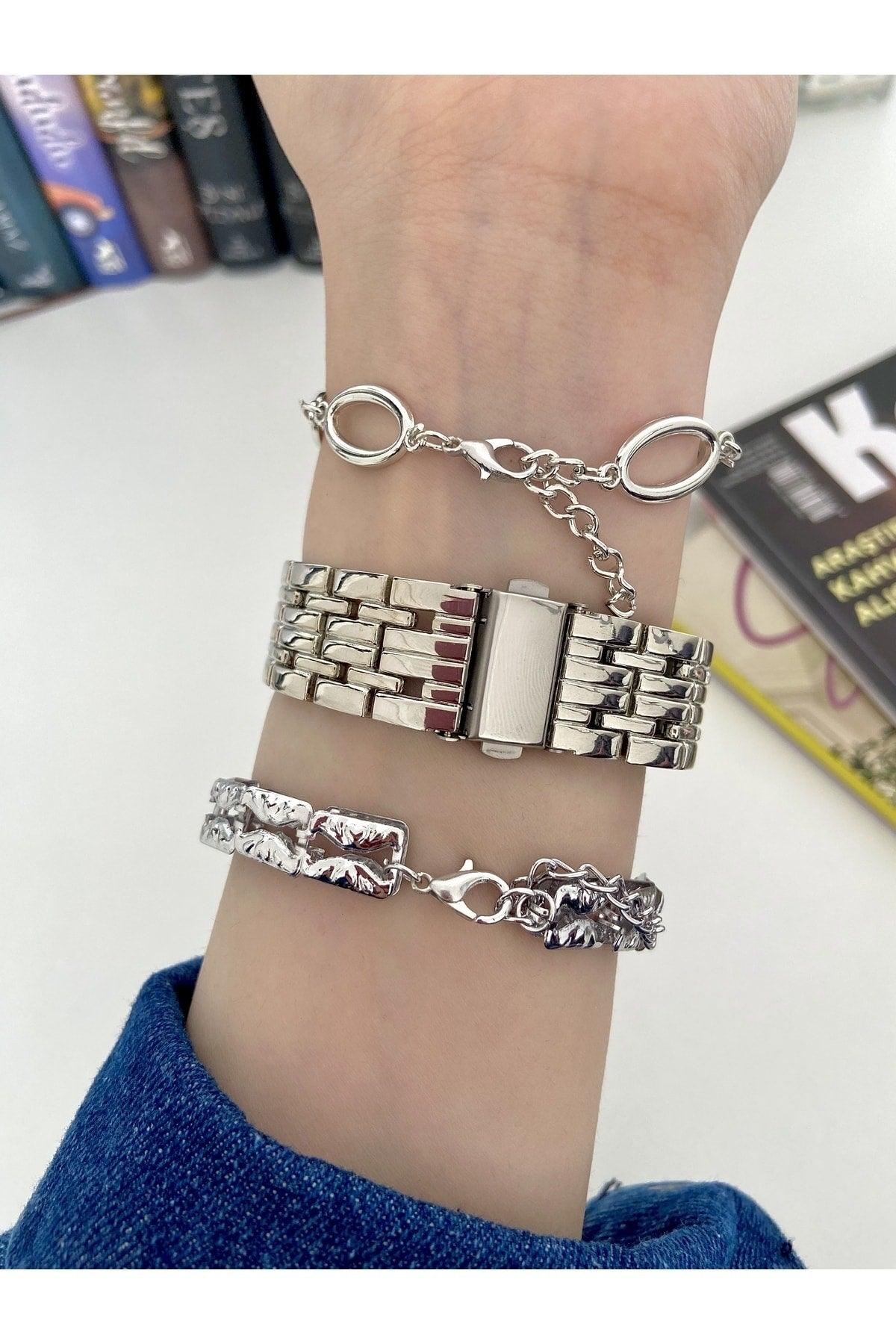 Women's Wristwatch Metal Band Silver Color & With Side Bracelets - Swordslife