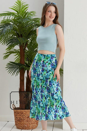 Floral Pattern Viscose Satin Midi Length Skirt -blue Flower - Swordslife