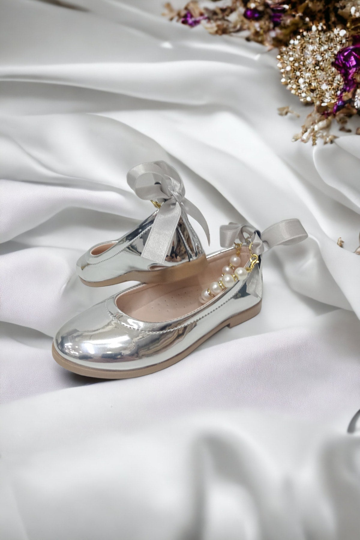 Girls' Pearl Stones Silver Mirror Orthopedic Flats