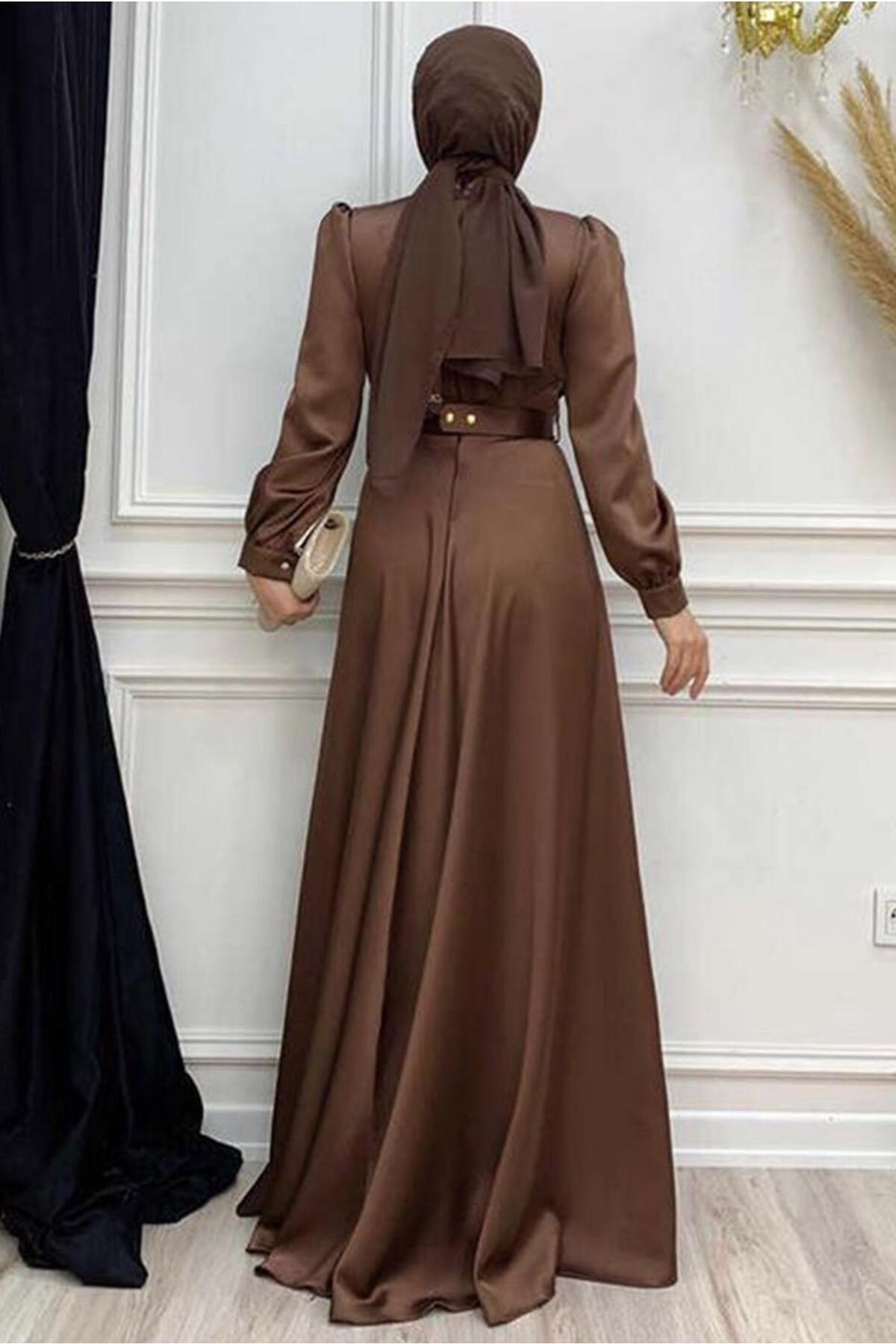 Women's Brown Belted Pleated Detailed Satin Evening Dress T 2973 - Swordslife