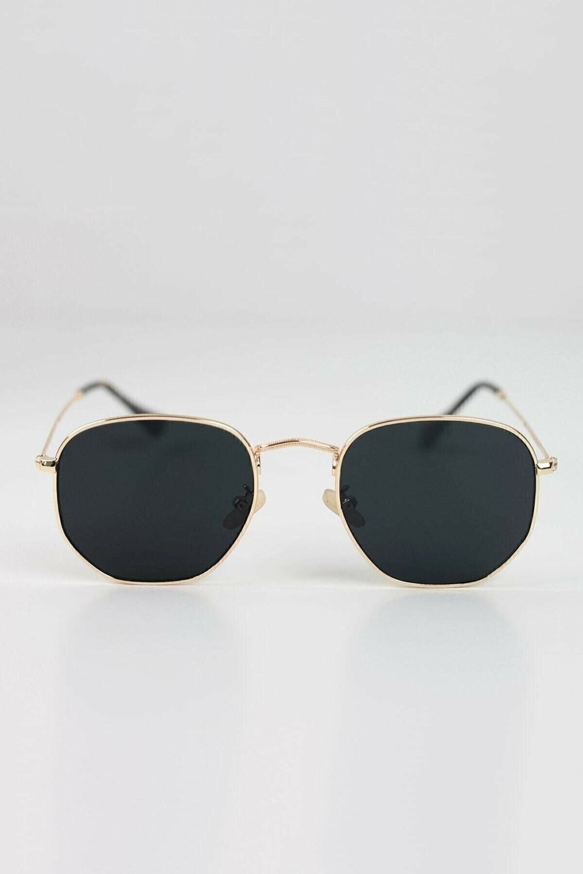 Gold Metal Framed Pentagon Unisex Sunglasses