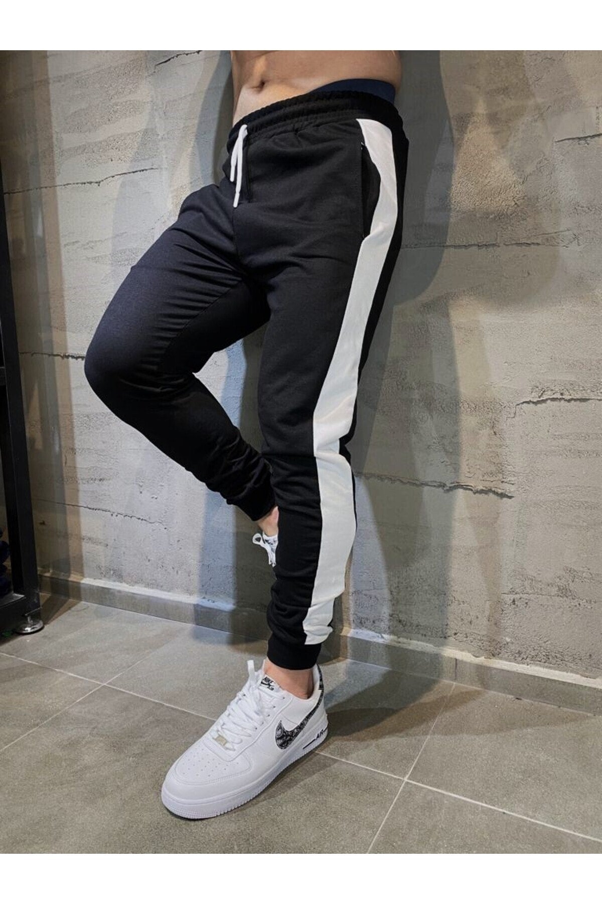 Men's Black and White Striped Sweatpants Cotton Elastic Leg
