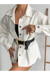 Women's Oversize Long Sleeve Double Pocket Shirt Jacket Off White - Swordslife