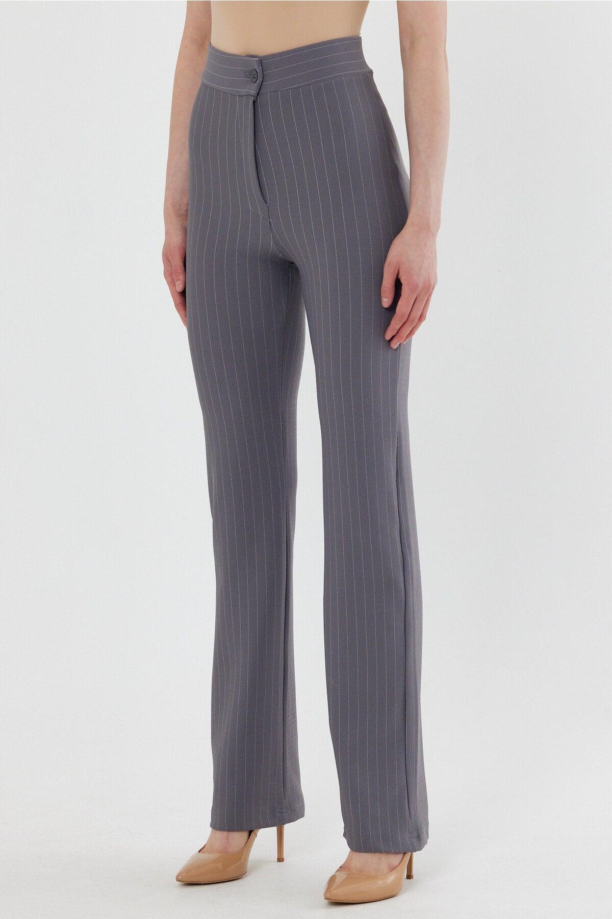 Women's Gray Striped High Waist Gatherer Bell-Length Palazzo Trousers - Swordslife