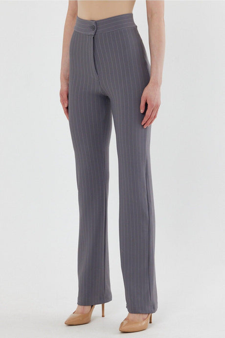 Women's Gray Striped High Waist Gatherer Bell-Length Palazzo Trousers - Swordslife