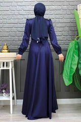 Women's Navy Blue Belted Pleated Detailed Satin Evening Dress T 2973 - Swordslife
