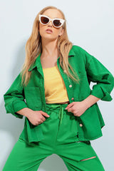 Women's Green Double Pocket Washed Oversize Denim Jacket ALC-X8152 - Swordslife