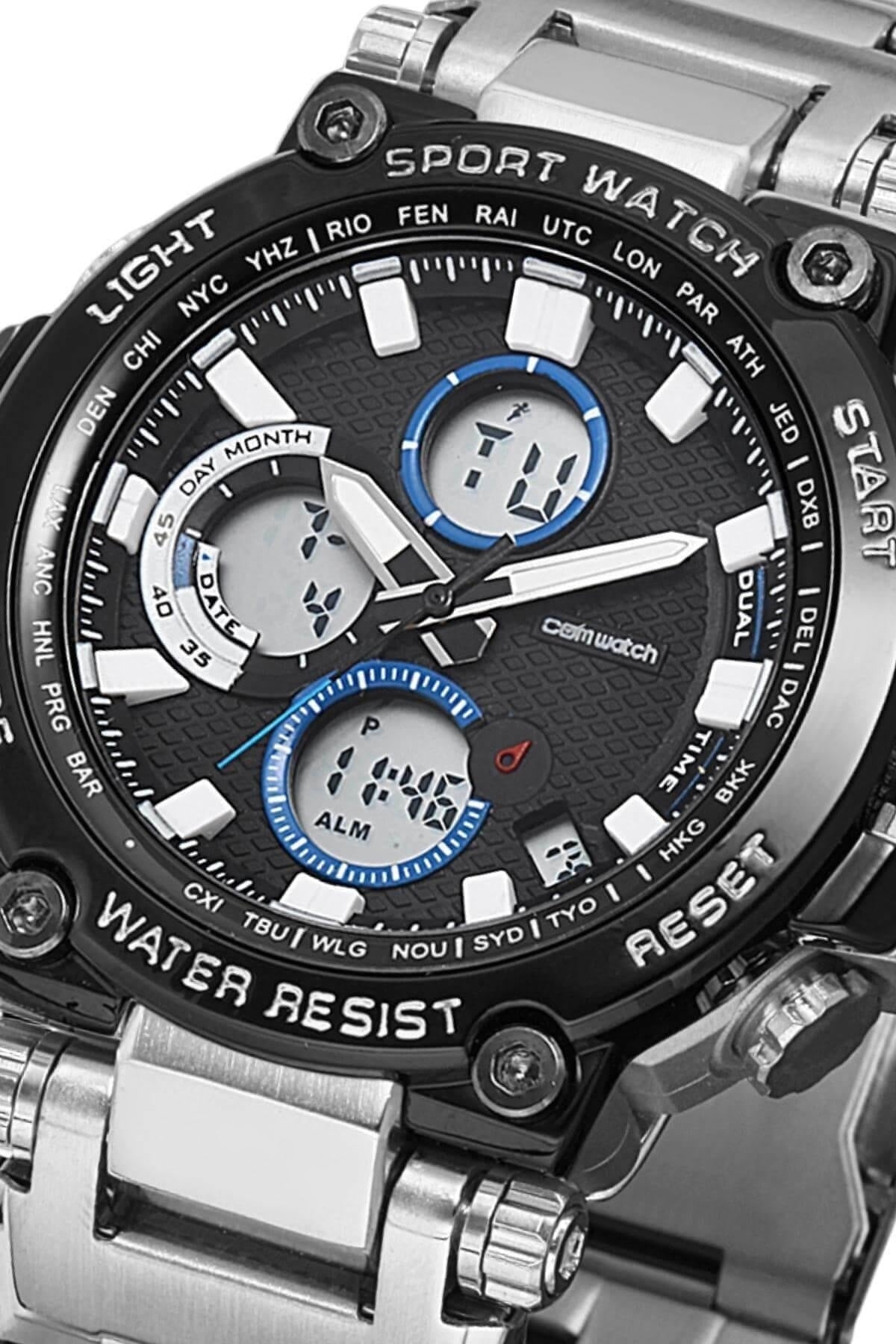 Digital Analog Mechanismus Stahl Band Silber Schwarz Farbe Herren Sport Armbanduhr 1913-Sbm