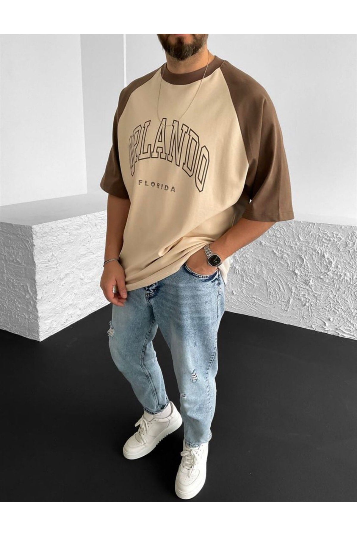 Plus Size Orlando Florida Printed Beige Oversize T-Shirt