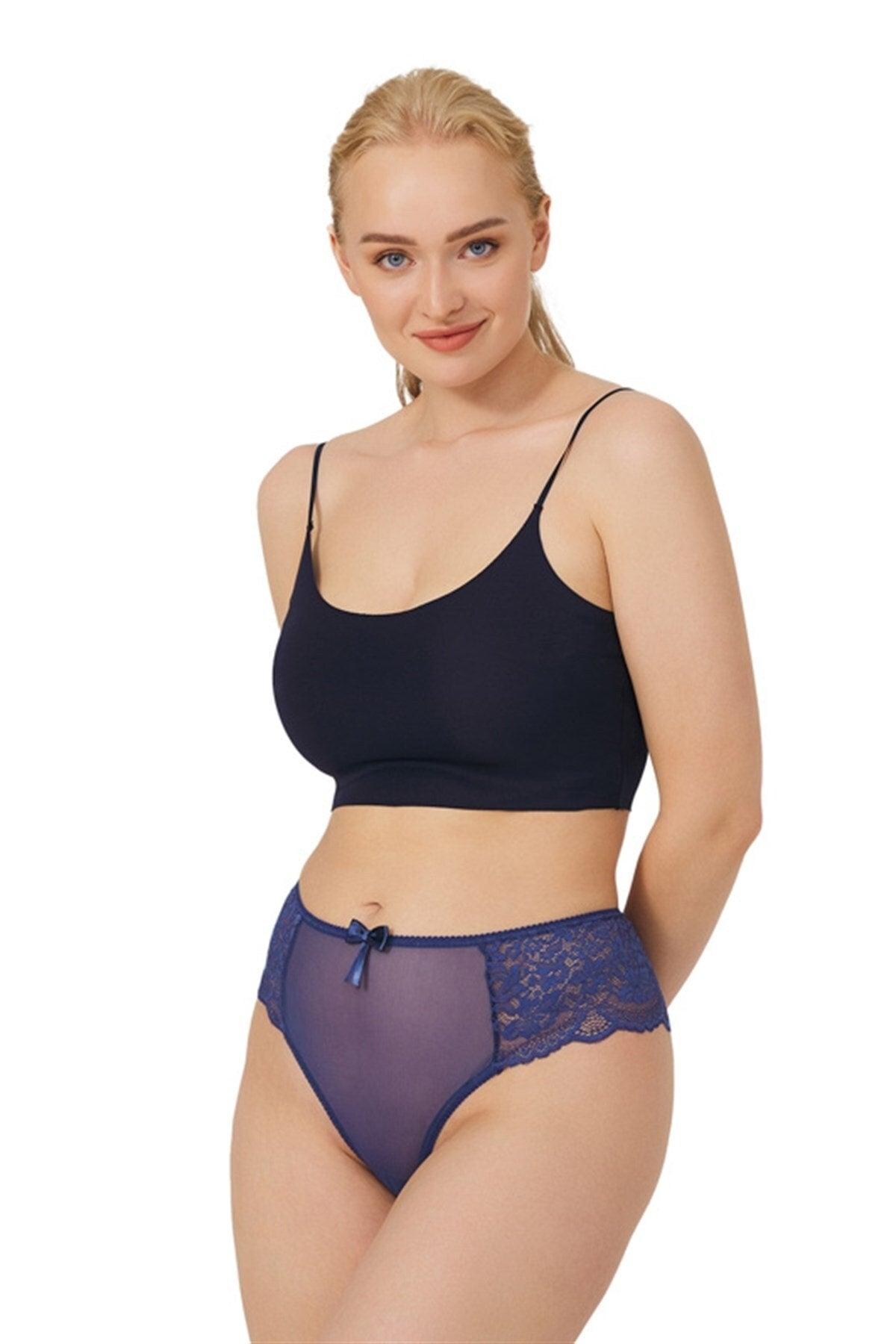 Dark Cobalt Lace Tulle Detailed Plus Size Women's Brazilian Panties - Swordslife