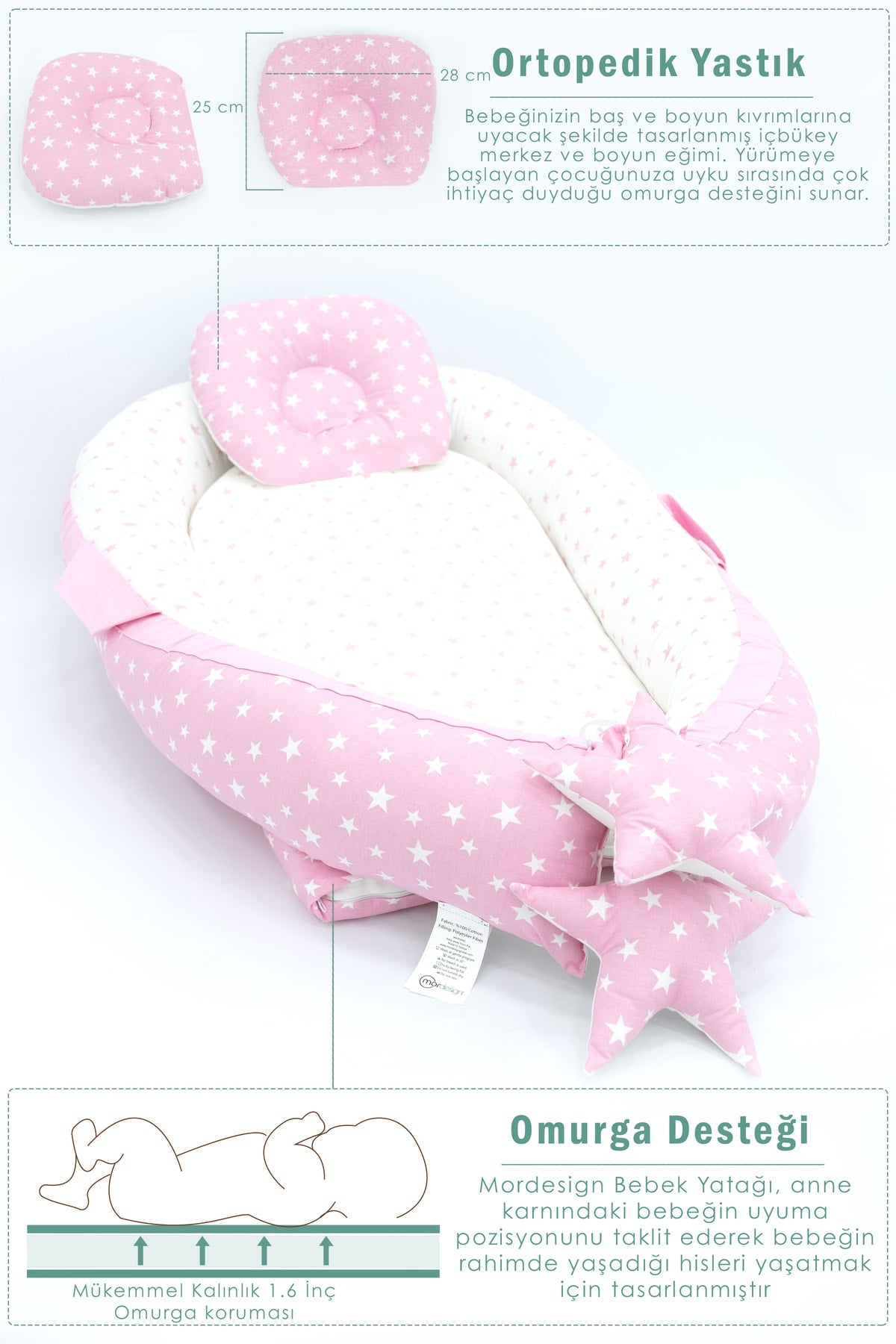 Orthopedic Baby Mattress, Pique And Stroller Accessories Set Of 6, Pink Color Stars Pattern