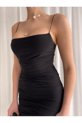 Thin Strap Draped Black Dress 127 - Swordslife