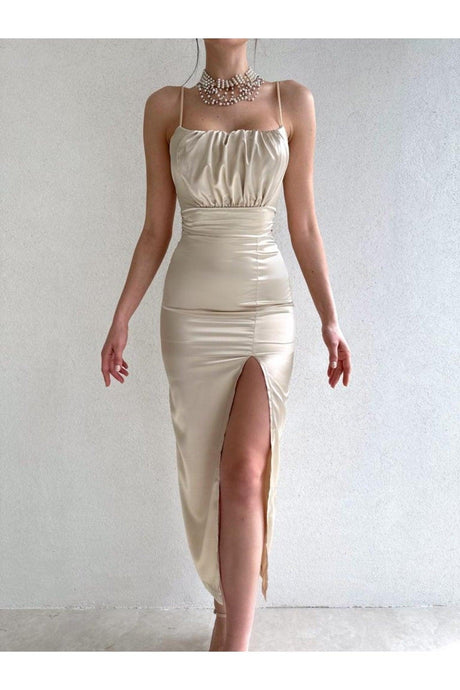 Thin Strapped Bust Draped Cream Satin Dress - Swordslife
