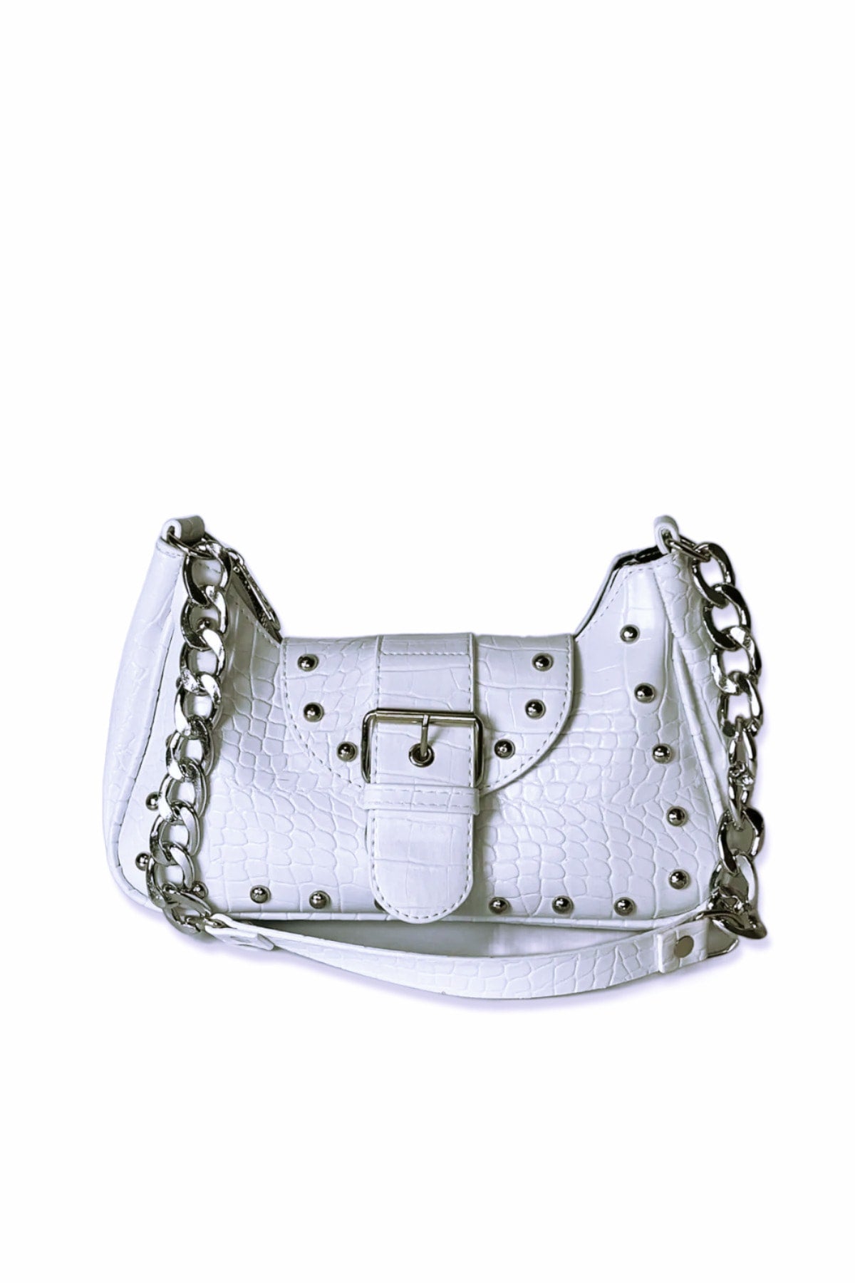 Crocodile Patterned White Handle Bag with Bony Staples