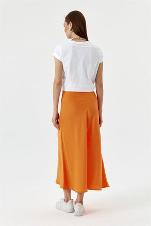 Neon Orange Satin Skirt With Elastic Waist - Swordslife
