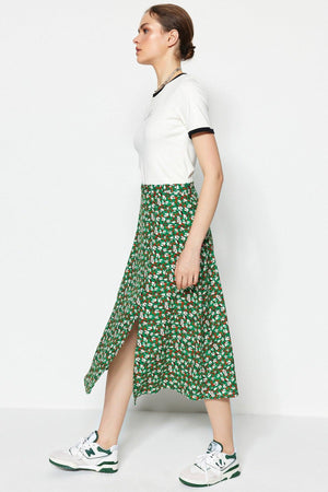 Dark Emerald Green Woven Slit Detailed Viscose Fabric Floral Patterned Skirt TWOSS20ET0230 - Swordslife