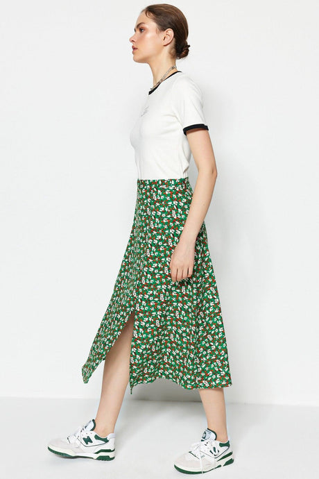 Dark Emerald Green Woven Slit Detailed Viscose Fabric Floral Patterned Skirt TWOSS20ET0230 - Swordslife