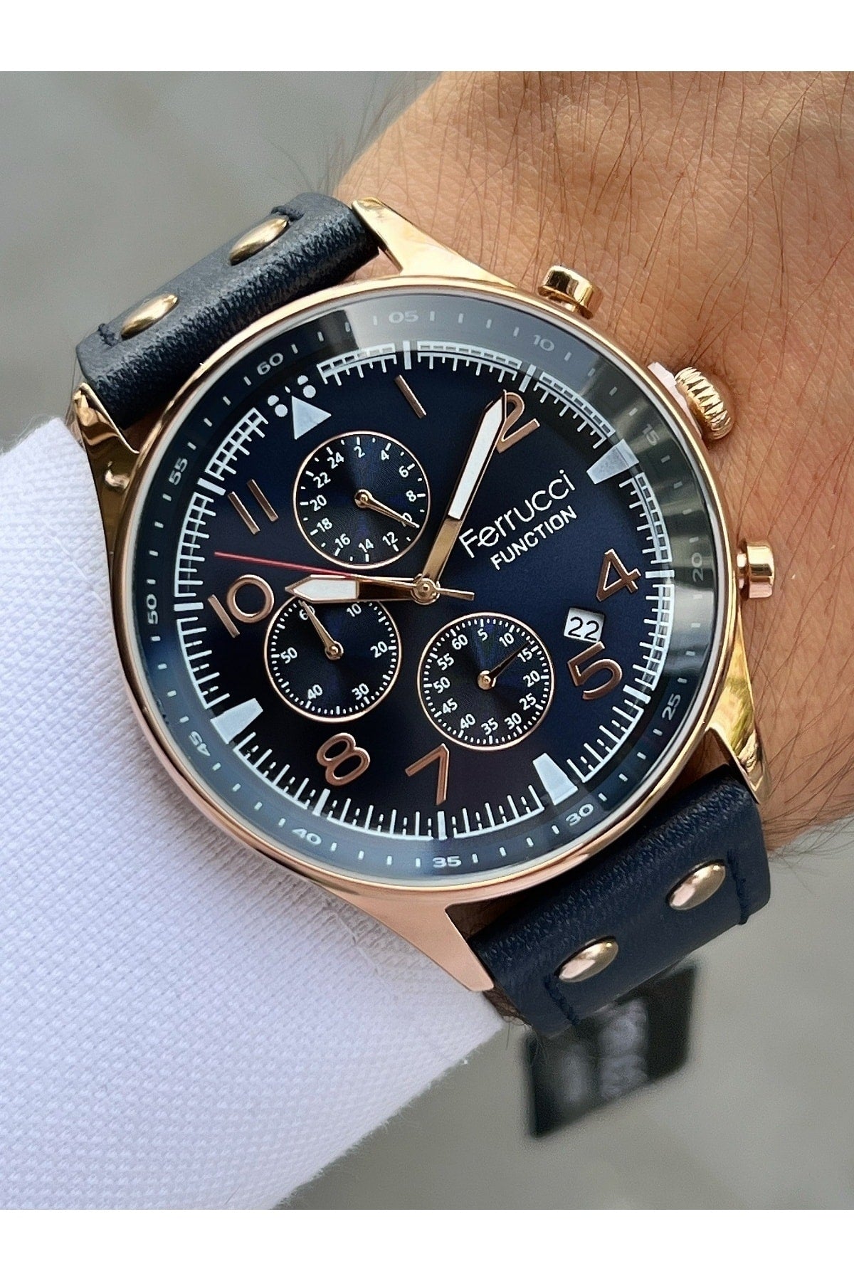 Functions Active Navy Blue Color 3 Atm Waterproof Leather Band Men'S Wristwatch