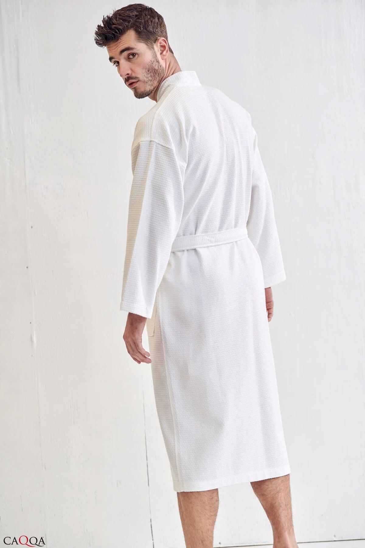 Men's White Cotton 4-Season Pique Dressing Gown and Bathrobe - Swordslife