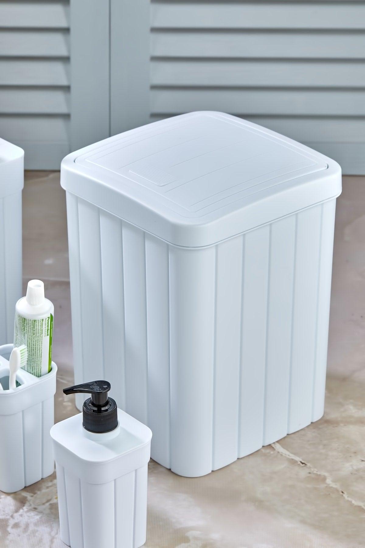 Trend Lux Roving Striped Patterned Bathroom Trash Bin-WC Toilet Brush-Soap Dispenser-Tooth Brush Holder White - Swordslife