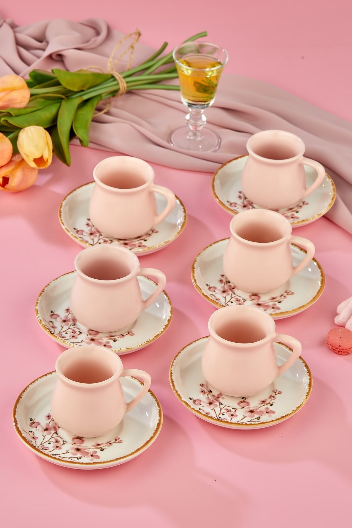 Sakura Pink 12 Piece Luxury Ceramic Coffee Cup Set For 6 People, Coffee Cup