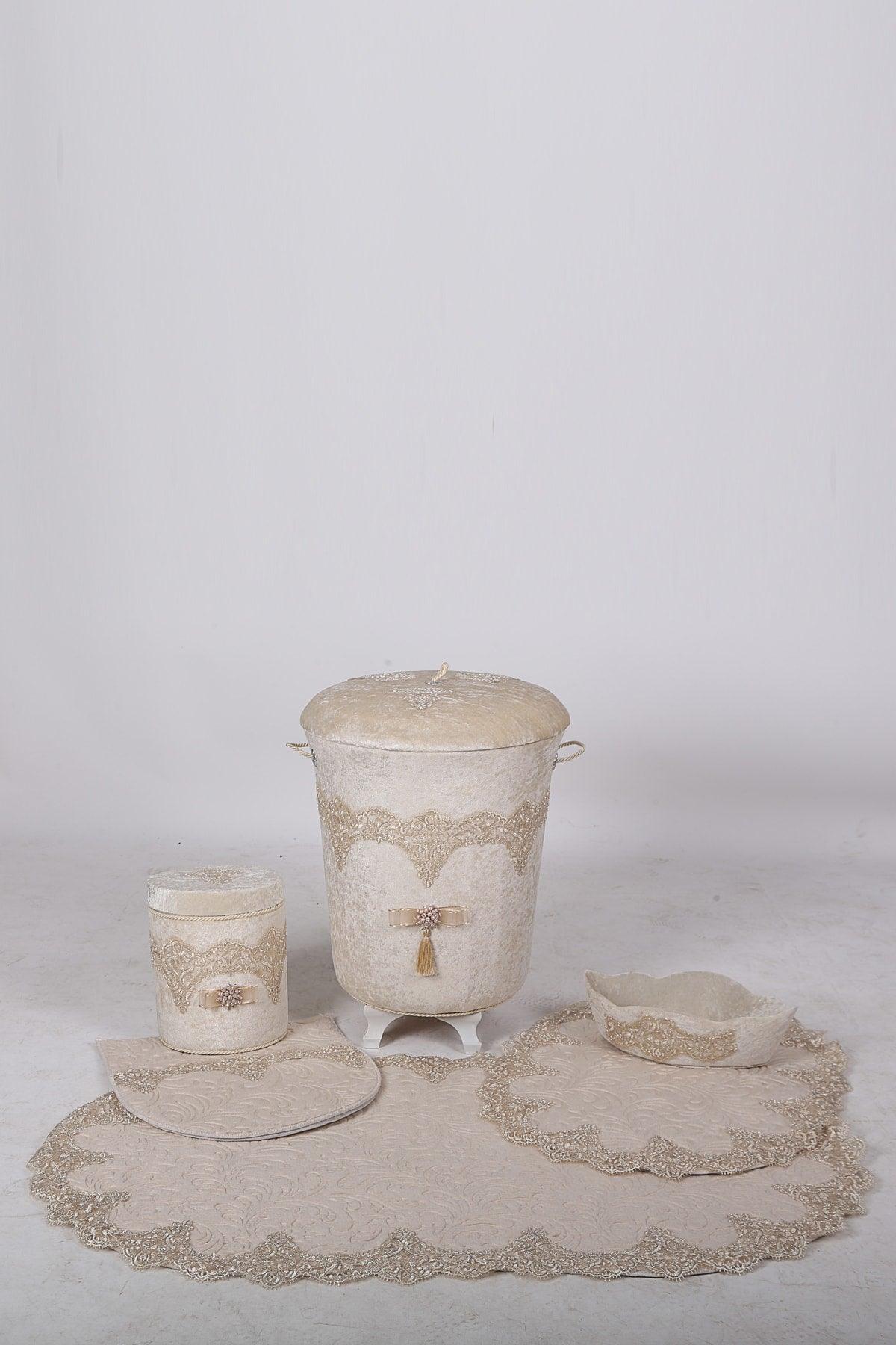 Luxury Mink 6 Pcs Lacy Bathroom Dirty Laundry Basket Set + Bath Mat Set - Swordslife