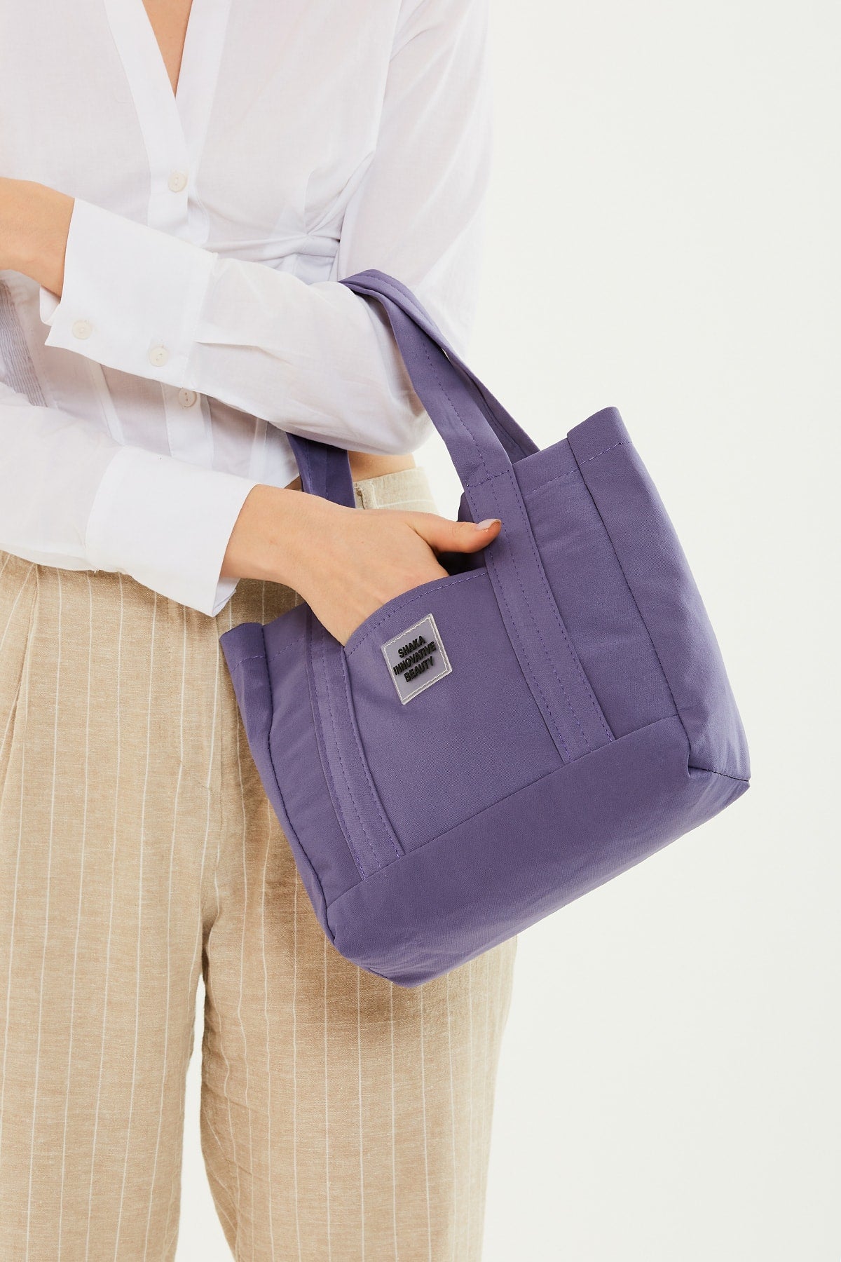 Lilac U37 Snap Closure 2 Compartment Front Pocket Detailed Canvas Fabric Casual Women'S Arm And Shoulder Bag U: