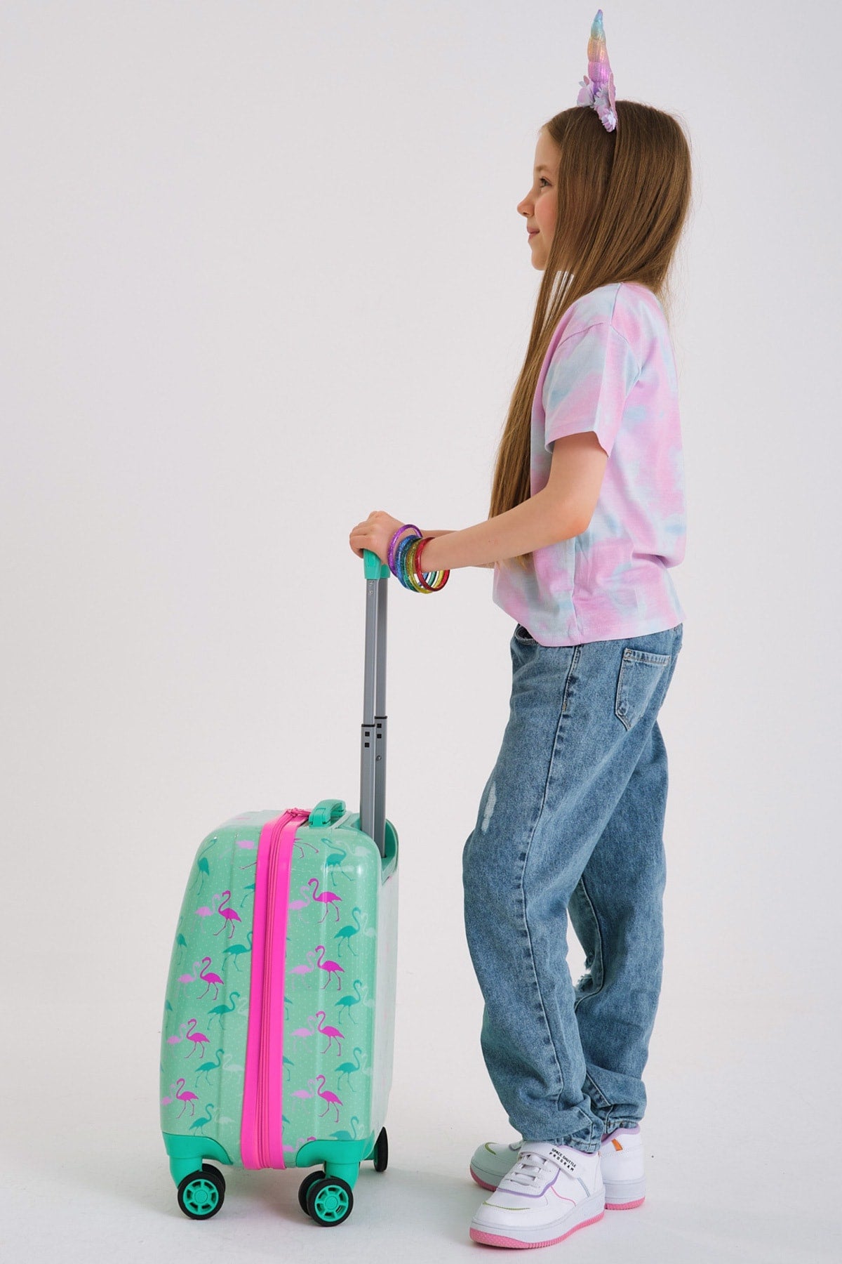 Kids Water Green Neon Pink Flamingo Patterned Luggage 16714