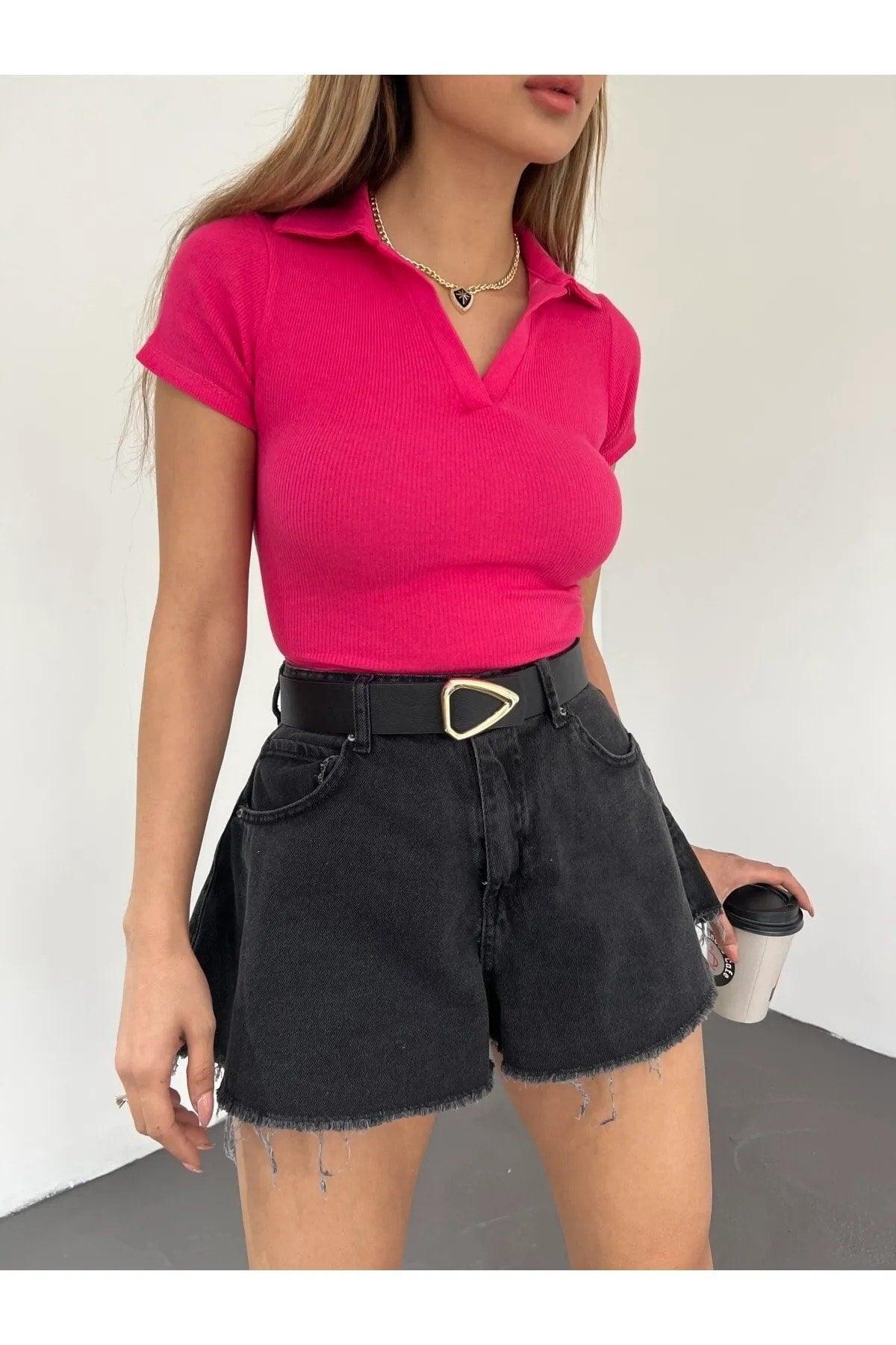 Fitted/Fitted Candy Pink Polo Neck Short Sleeve Camisole Crop Blouse - Swordslife