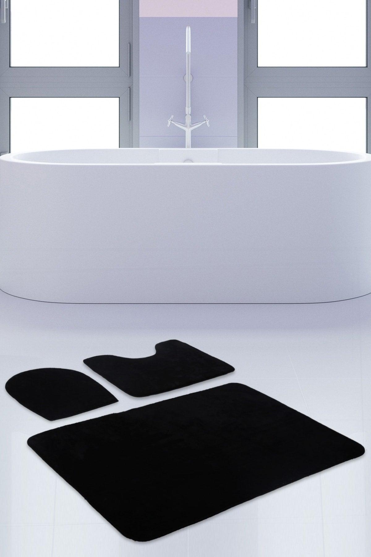 Unicolor Plain Black 3 Piece Bath Mat Rug Set Non-Slip Closet Set - Swordslife