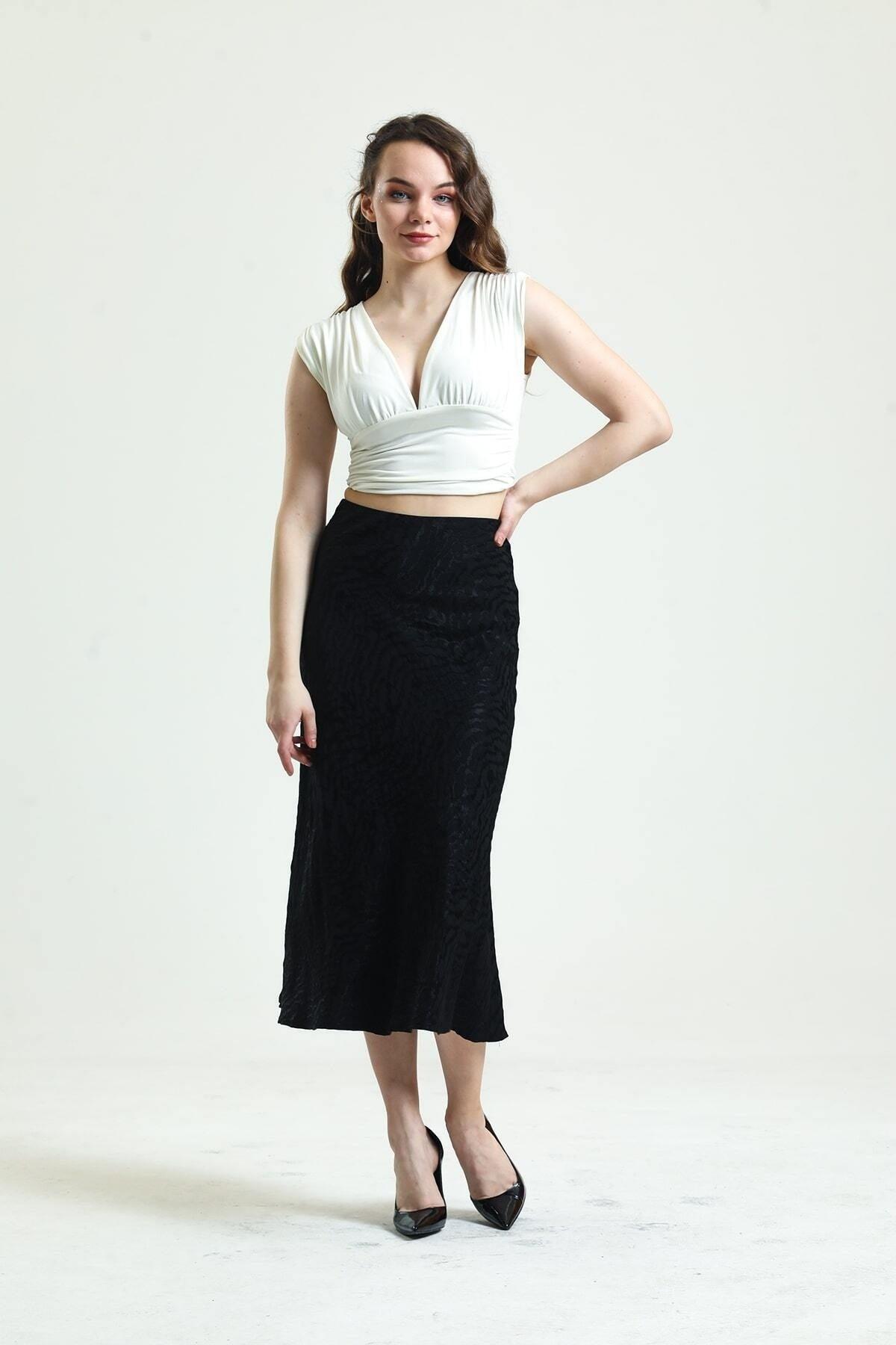 Black Ground Zebra Pattern Viscose Satin Midi Length Skirt - Swordslife