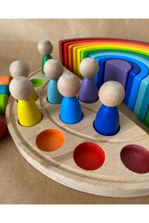 1 Jahr 12 Waldorf Regenbogen Peg Baby Tablett Set, Regenbogen 12 Stück farblich passendes Holzspielzeug