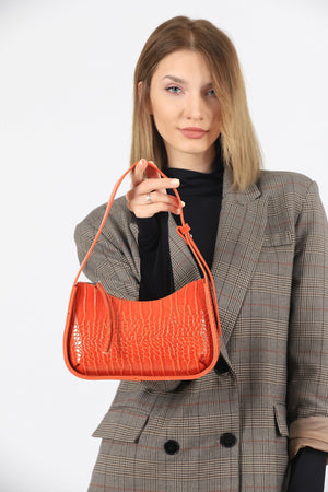 Orangefarbene Baguette-Tasche mit Krokodilmuster für Damen