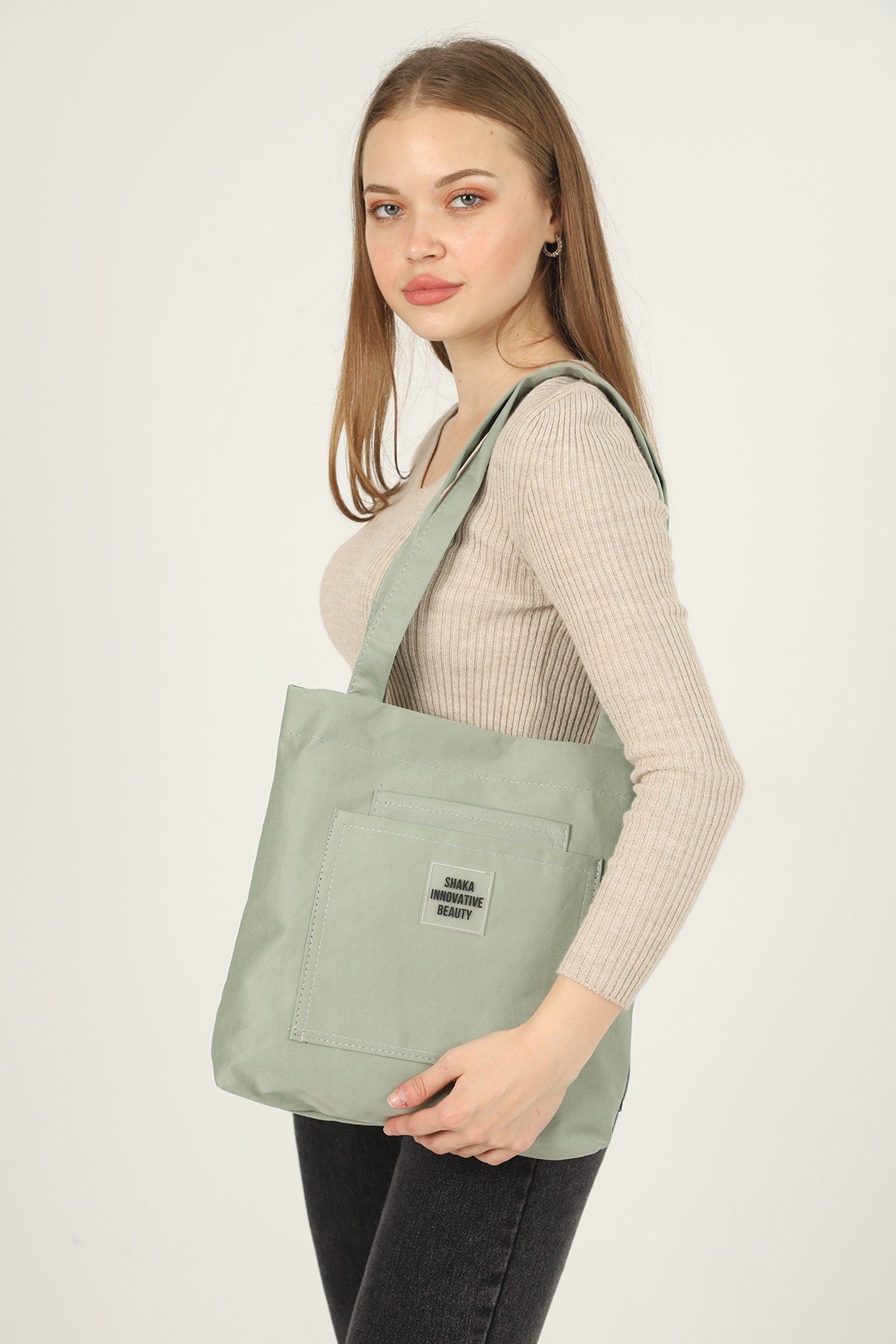 Grüne U22 3-Fach vorne 2 Taschen Detaillierte Canvas Stoff Täglich Damen Arm und Schulter Tasche B:35 E:35