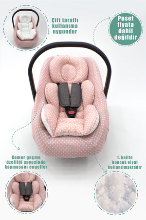 Orthopedic Stroller Cushion, Cover And Bed Sheet Set Of 3, 100% Cotton Fabric, Polka Dot, Pink Color