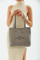 Gray U46 Snap Closure Front Pocket Detailed Tote Bag Embroidered Canvas Women's Arm And Shoulder Bag U:30 E:3