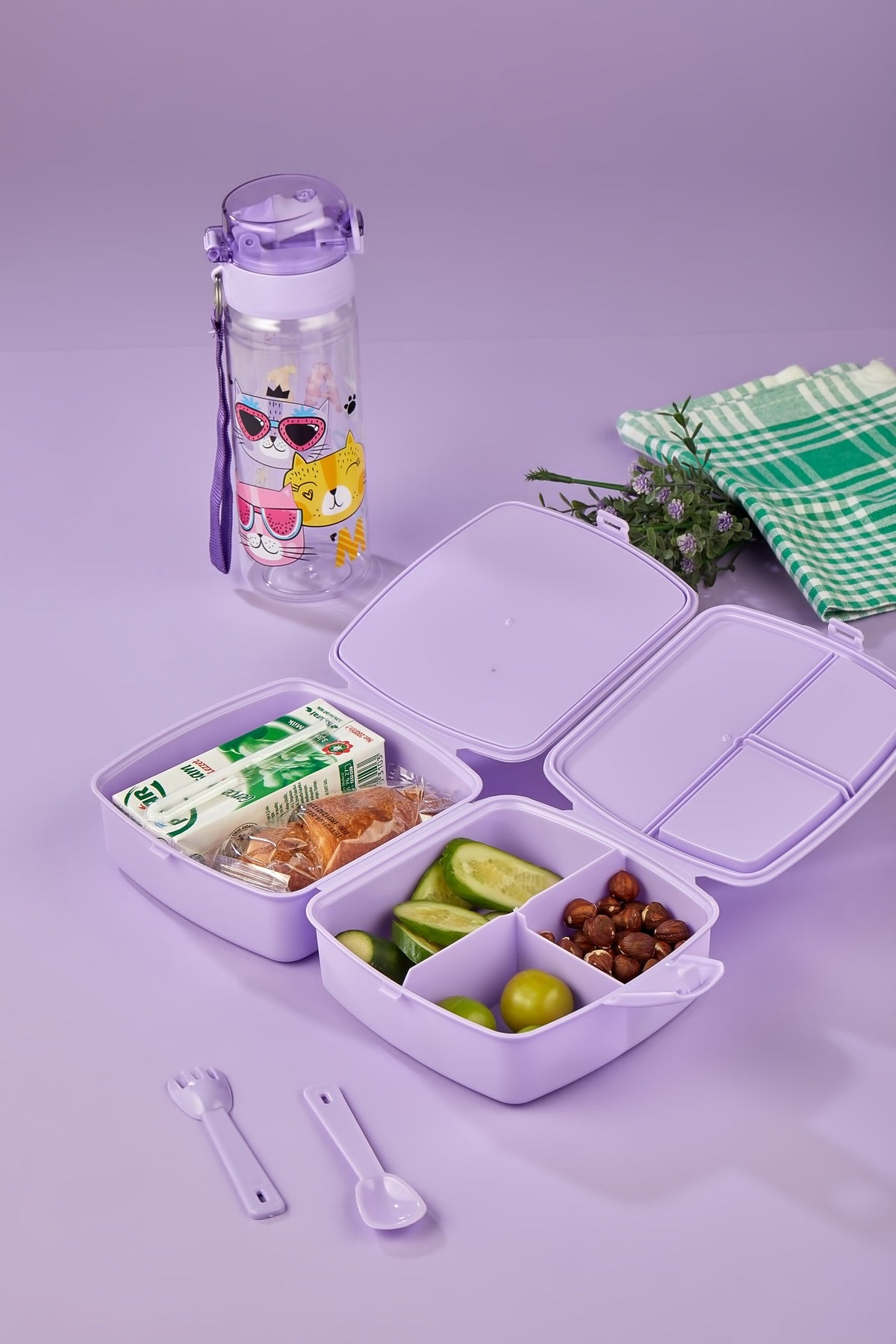 Selbstauslöffelbare Lunchbox mit 4 Fächern und 2 Etagen und 500-ccm-Pipettenflasche Katze