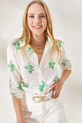 Women's Floral Green Sleeve Fold Linen Shirt GML-19000825 - Swordslife