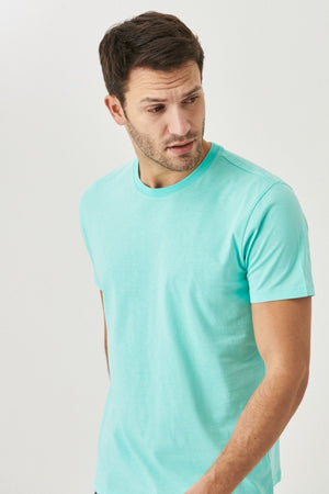Men'S Turquoise 100% Cotton Slim Fit Slim Fit Crew Neck Short Sleeved T-Shirt