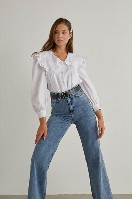 Clara Medium Snow Lycra Women's Blue Super High Waist Wide Leg Denim Jeans Palazzo Pants - Swordslife