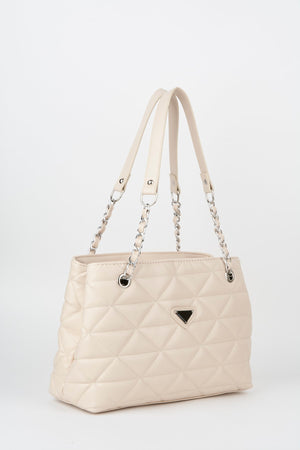 Crocos Cremefarbene, gesteppte, 3-Fächer-Hand-, Arm- und Schultertasche aus Leder mit Reißverschluss und Kettenriemen